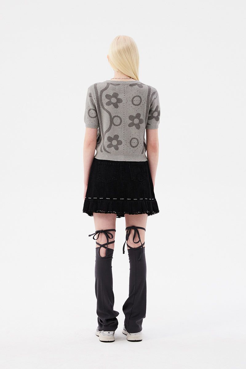 CHERRY JACQUARD PATTERN SHORT SLEEVE CARDIGAN [MELANGE GRAY]