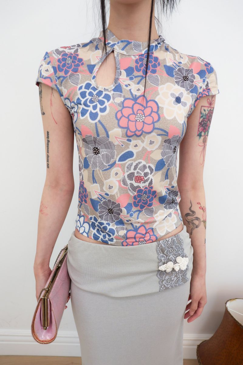 [香] Qipao Floral Top (Brown)