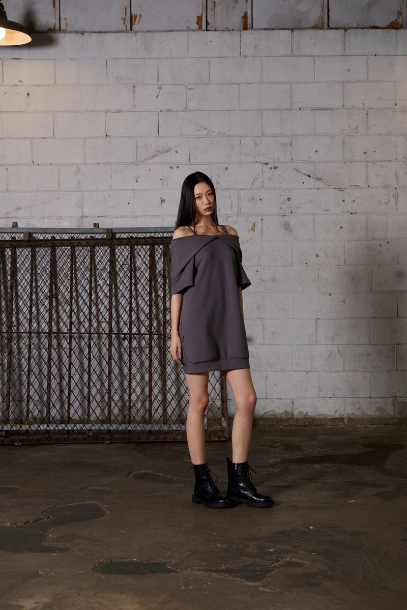 2Way Big Hood Off-Shoulder Mini Dress - Charcoal