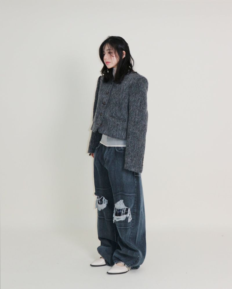 Linda Brush Mohair Crop Long Sleeve Jacket