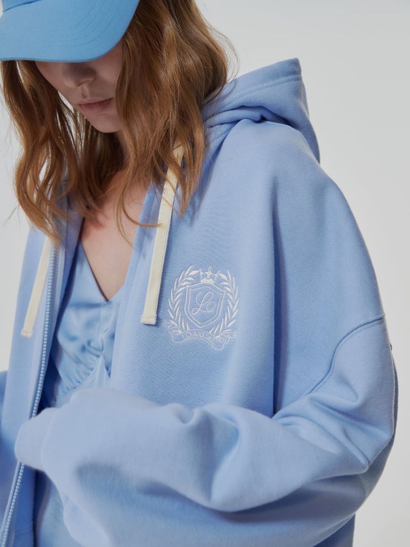 HEAVY WEIGHT OVERFITTED UNIVERSITY LOGO EMBROIDERY HOODIE ZIP UP_ SKY BLUE