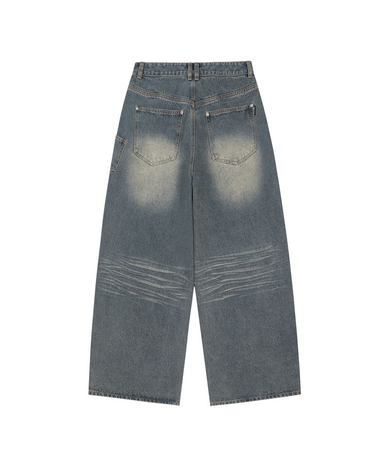 Vintage Washed Side Pocket Denim Pants - BLUE