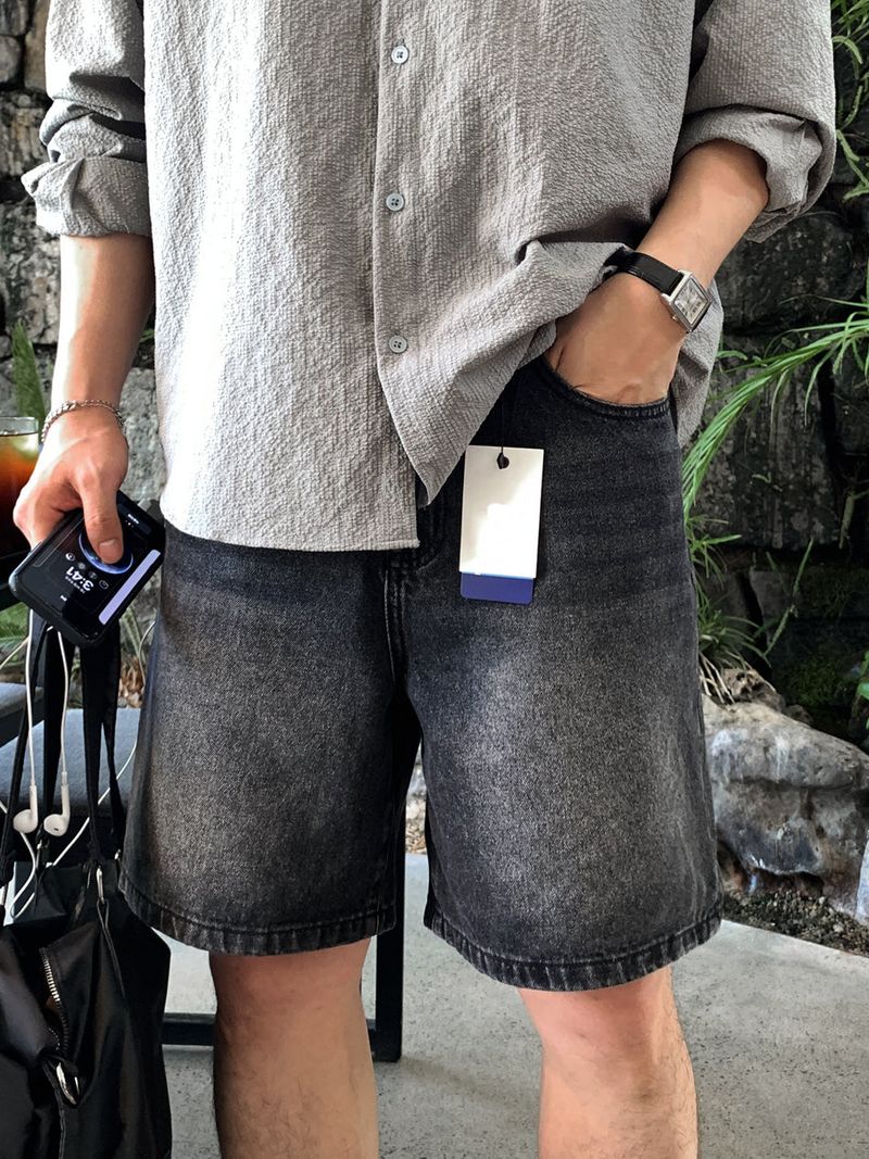 Look Pierre Vintage Washed Back Banding Wide Denim Half Pants