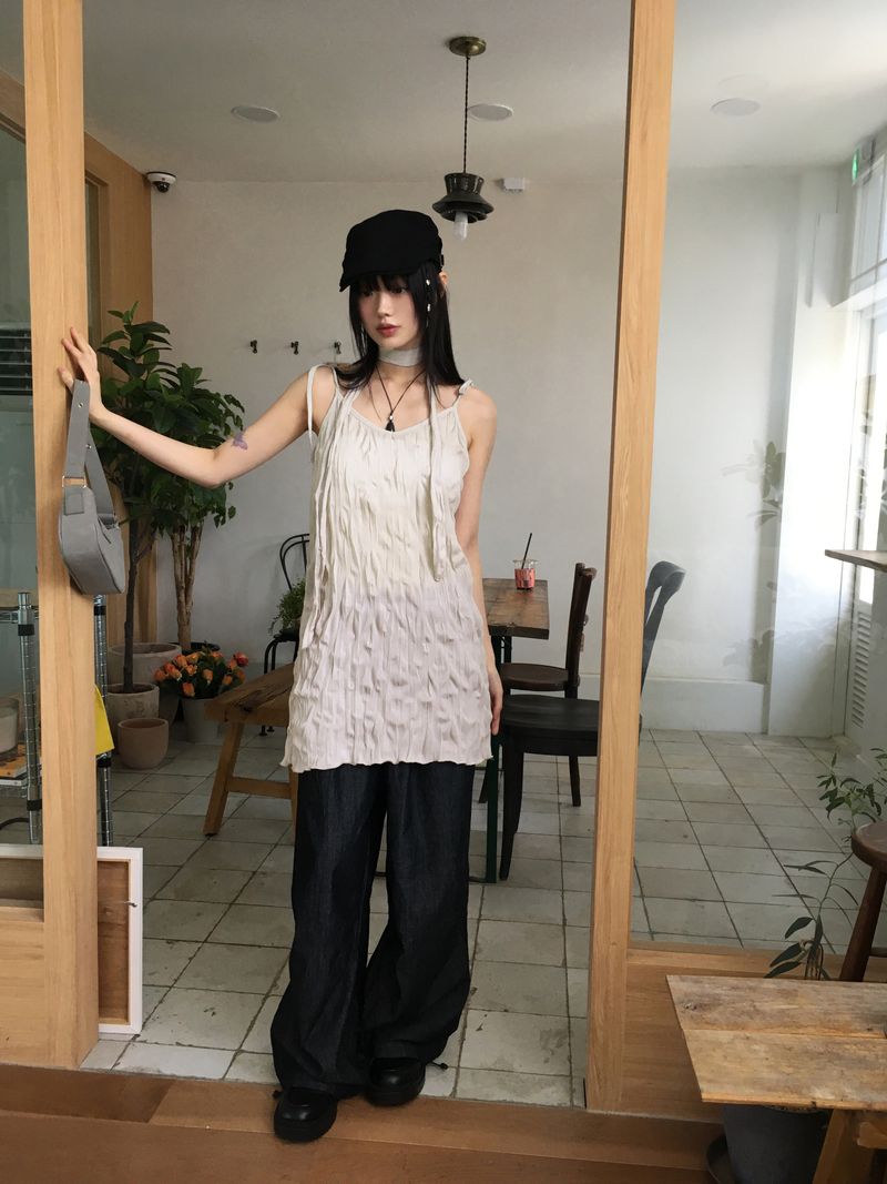 [Muffler set] Lucing Wrinkle Ribbon Strap Sleeveless Dress
