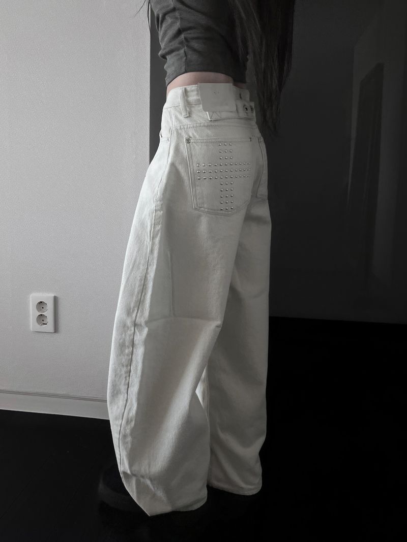 back pocket cross stud wide denim (fleece-lined / 2color)
