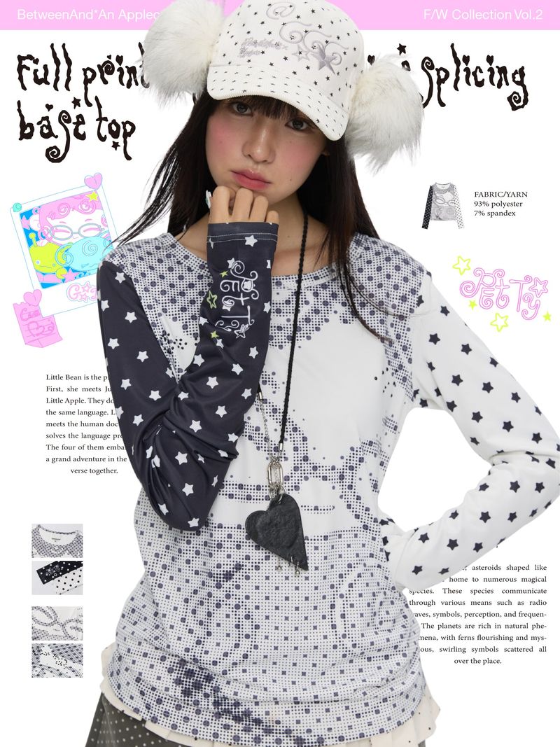 BETWEENAND Long-sleeved women’s top for spring, with a pixelated anime-style polka dot design; helps to slim the figure