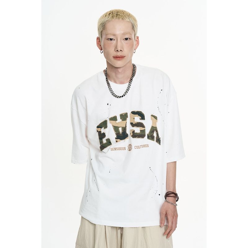 EASY NO EASY(イージーノーイージー)の「Damage Camo Patch Short Sleeve - White(Tops)」