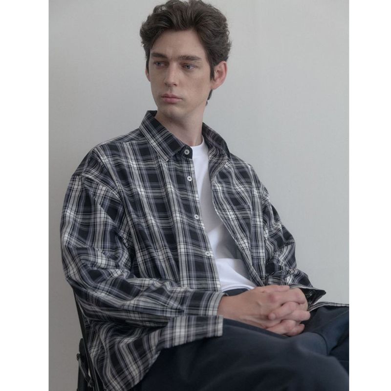 Vintage Washing gray blue check shirts
