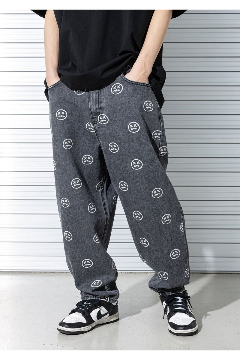SMILE PATTERN DENIM PANTS (BLACK)