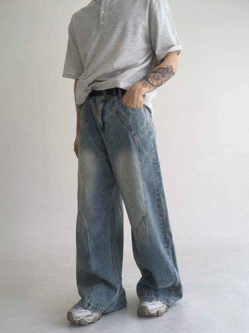 wave curved wide denim(blue)