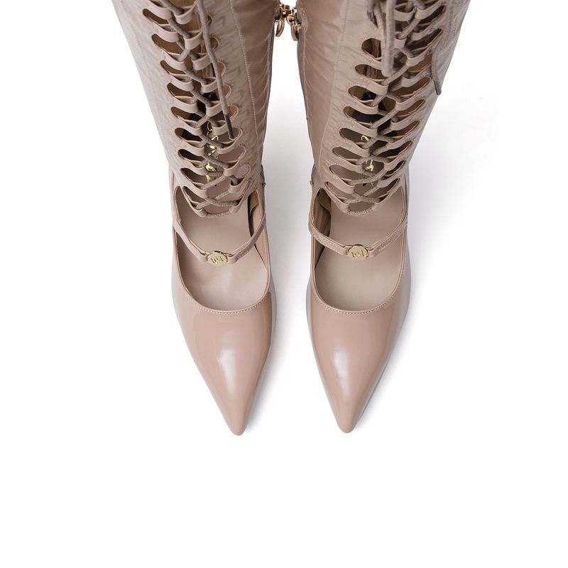 Thigh High Lace-Up Stiletto Boots Heel(Beige)