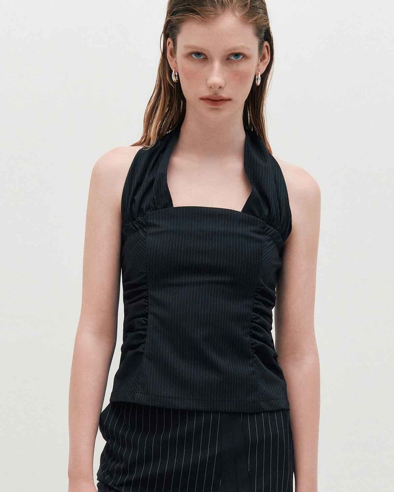 Wide Tie Stripe Halter Top _ BLACK