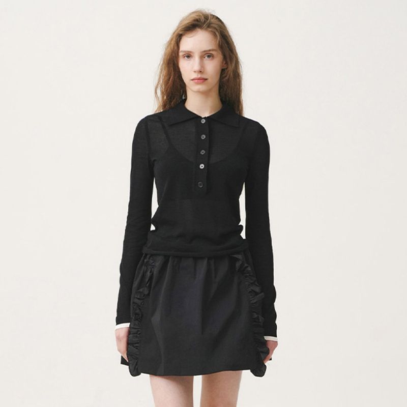 SHEER LONG SLEEVED POLO - BLACK