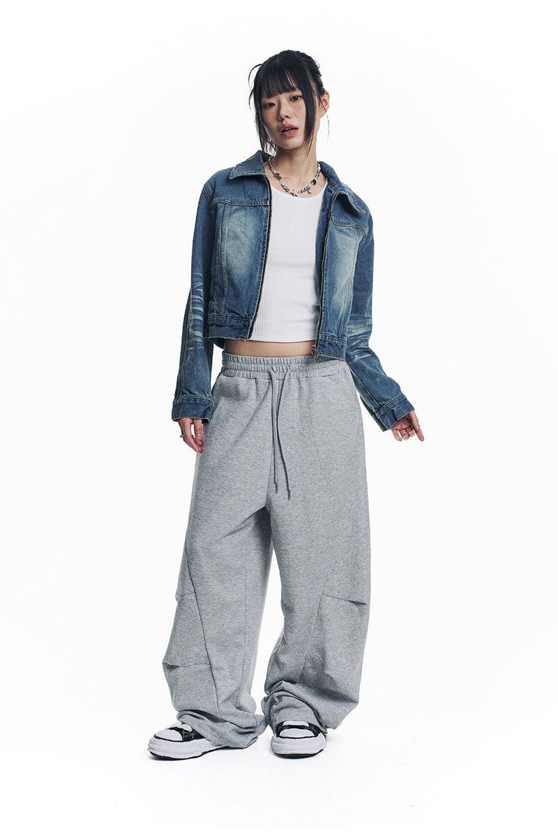 Washed Crop Track Denim Jacket - Deep Blue