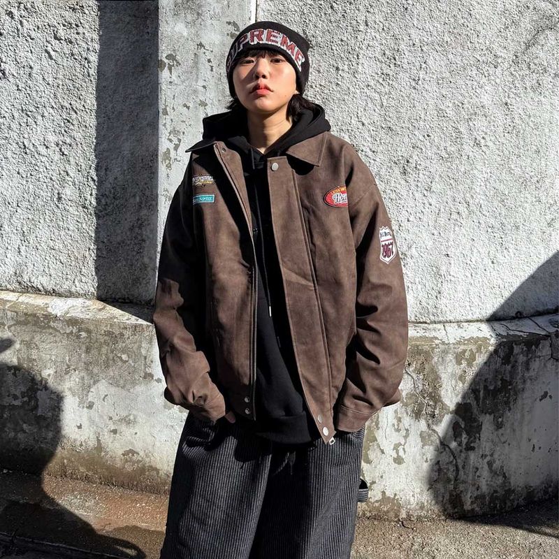 Oversized Vintage Patch Leather Jacket