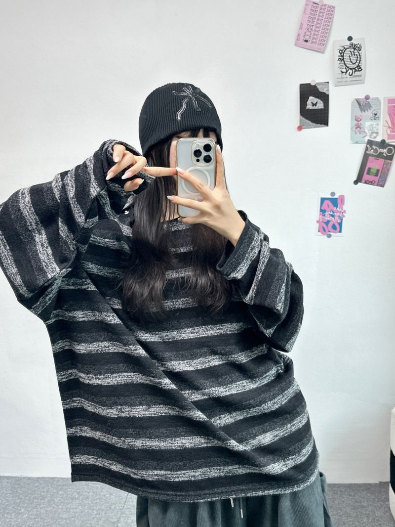 SHOULDER SNAP WARMER POINT STRIPED KNIT🤎🖤🧸 - 2 COLORS