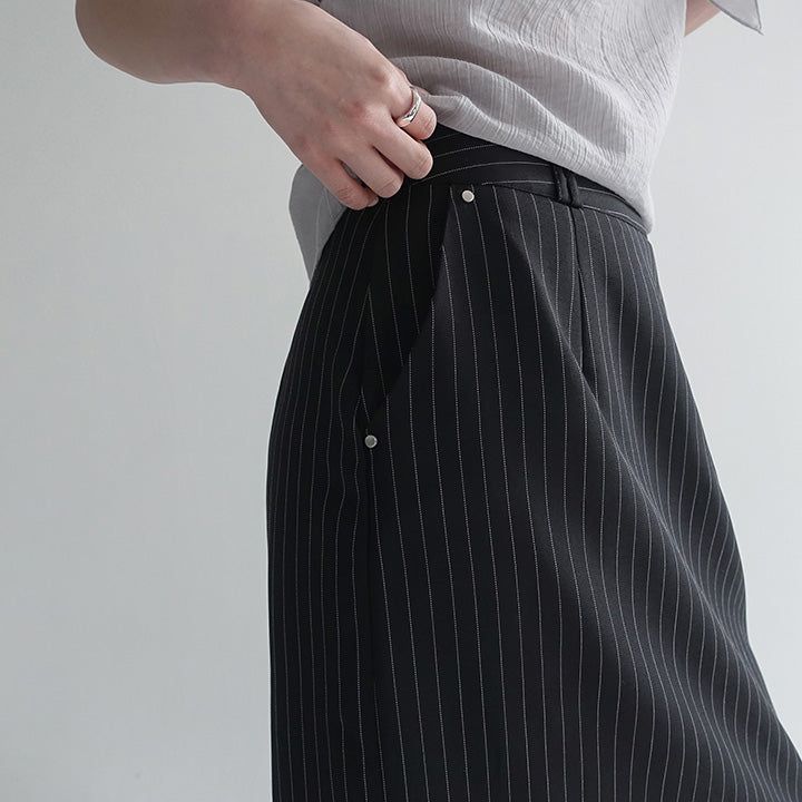 [made/4size] [Soan] Rivet Pintuck Stripe H-Line Slit Long Skirt -3color