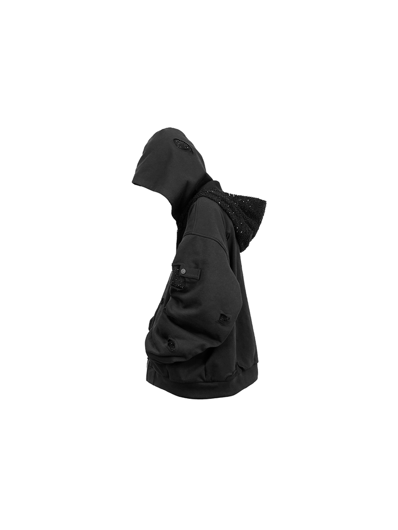 RELABEL（リレーベル）の「RELABEL (Dark Night Unravelled) Detachable Double-Cap High-Pressure Diamond-Patterned Water-Stained Multi-Style Double-Zip Hoodie（Tops）」