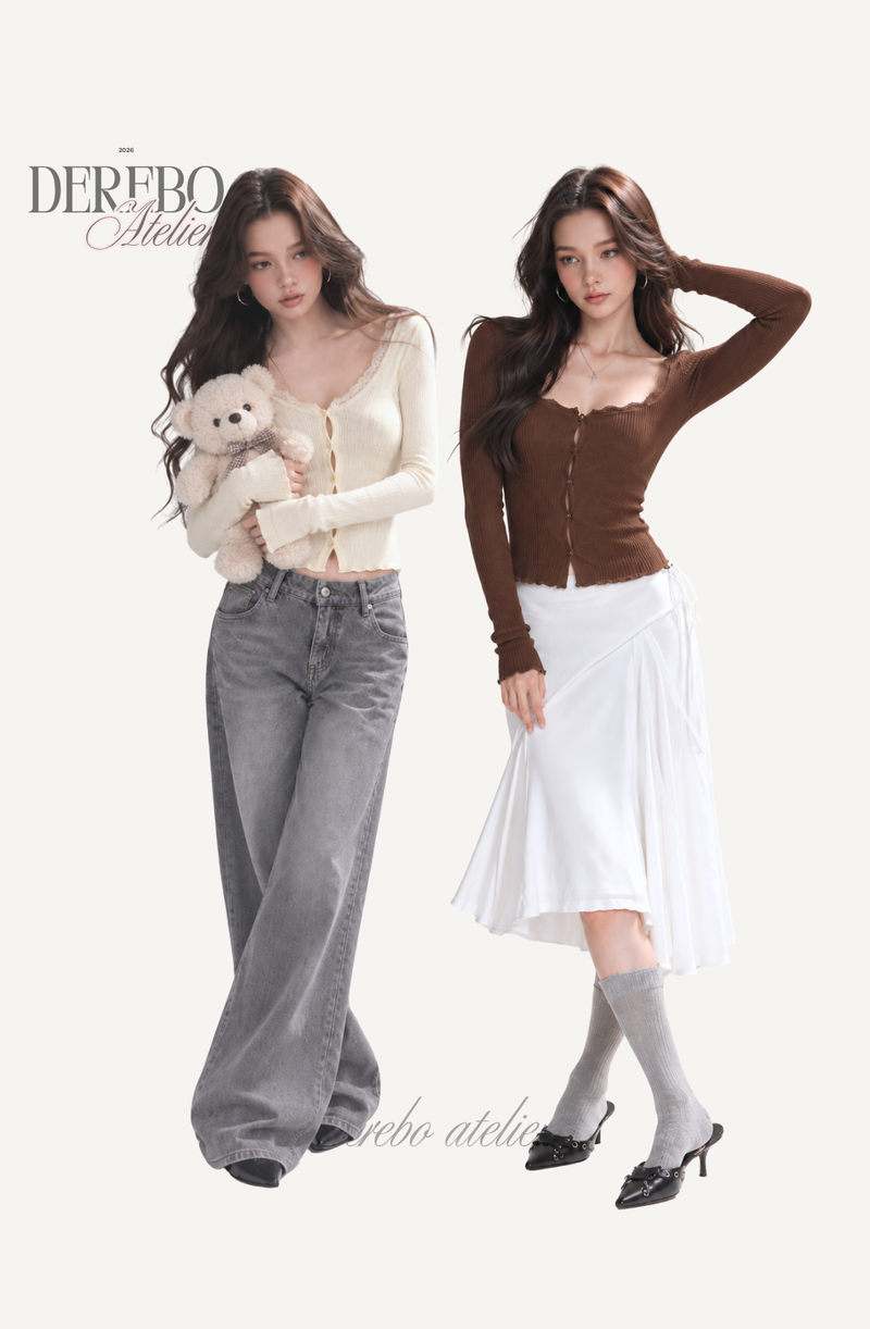Jacquard square-neck knit long-sleeve cardigan
