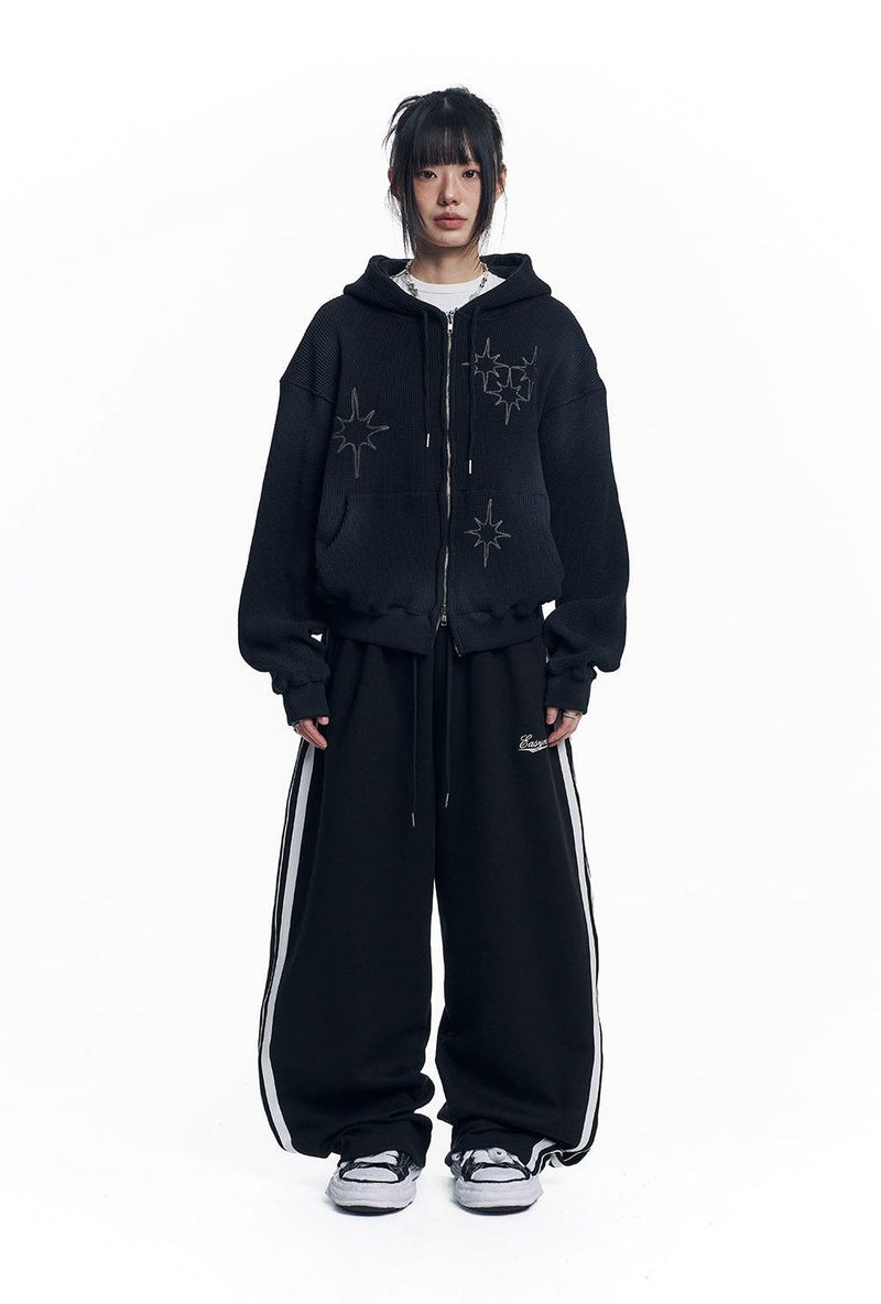 Washed Star Waffle Hooded Zip-Up - Black