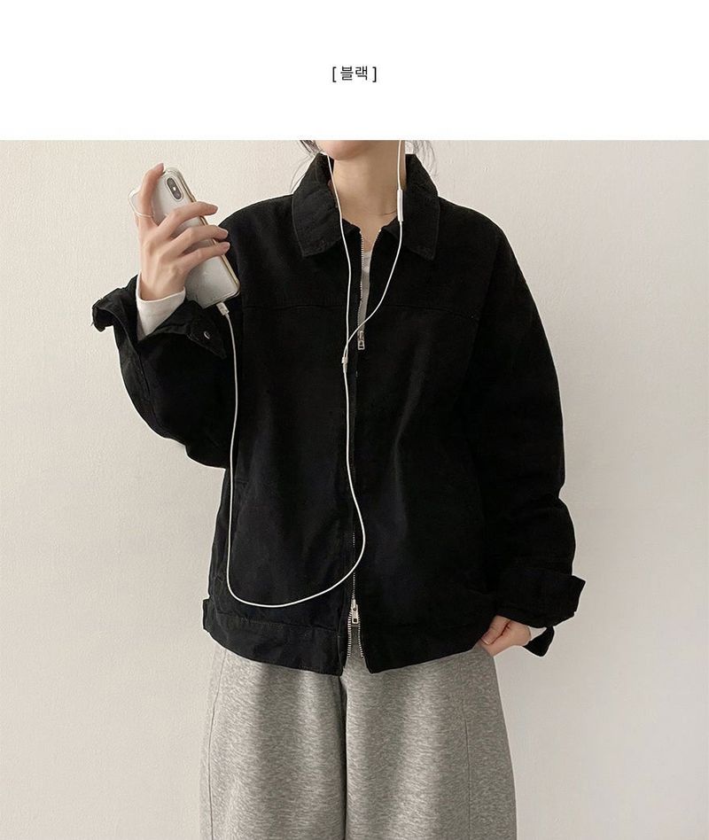 Rentto Basic Collar Zipper Loose Fit Cotton Jacket