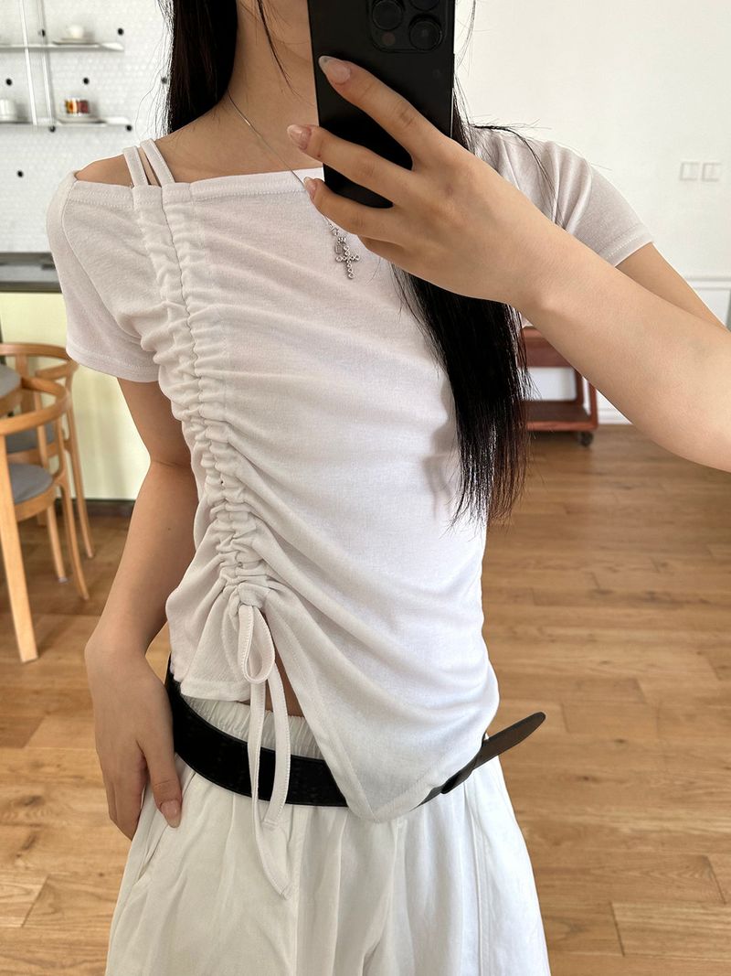 MUZESEOUL(ミューズソウル)の「Side shirring off shoulder t-shirts(3color)(Tops)」