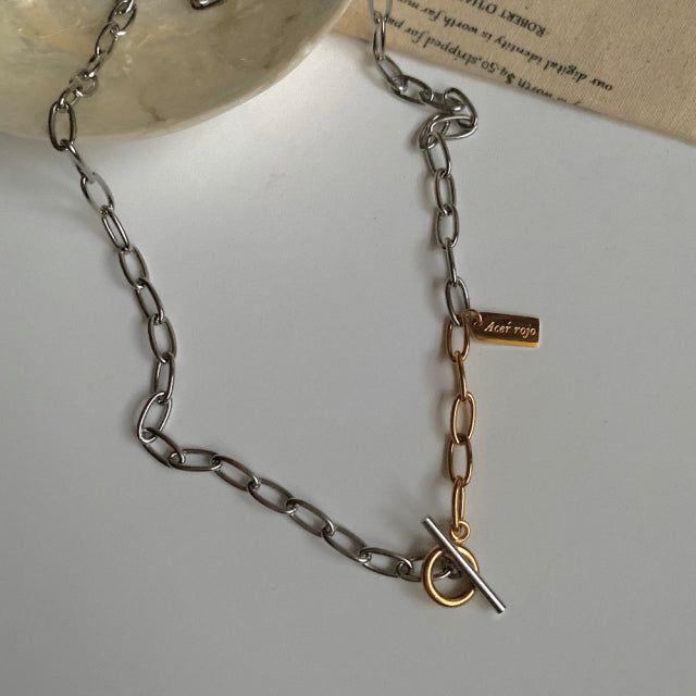 lx Two Tone Toggle Bar Bold Chain Short Necklace