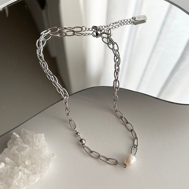 dpps Freshwater Pearl Bold Chain Ball Stainless Steel Titanium Layered Guest Necklace