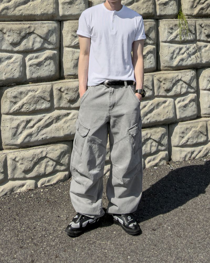 Bion Gray Wash Cargo Denim Pants