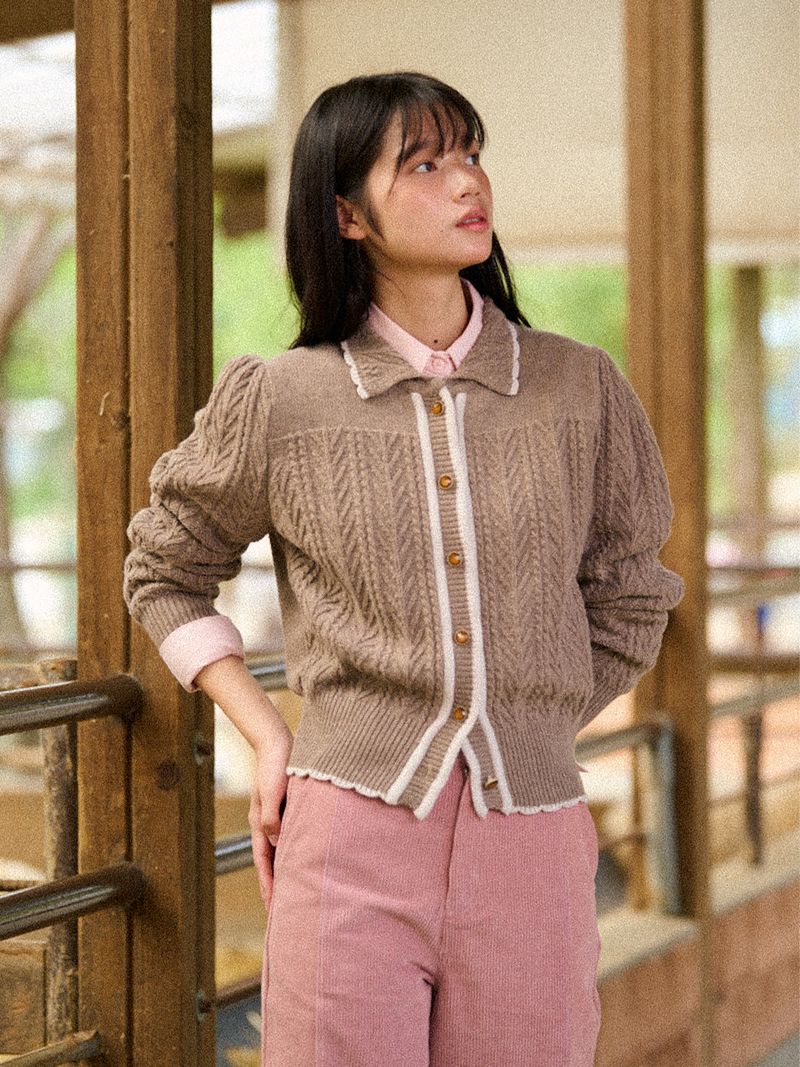 Wavy Collar Cable Merino Cardigan (Brown)