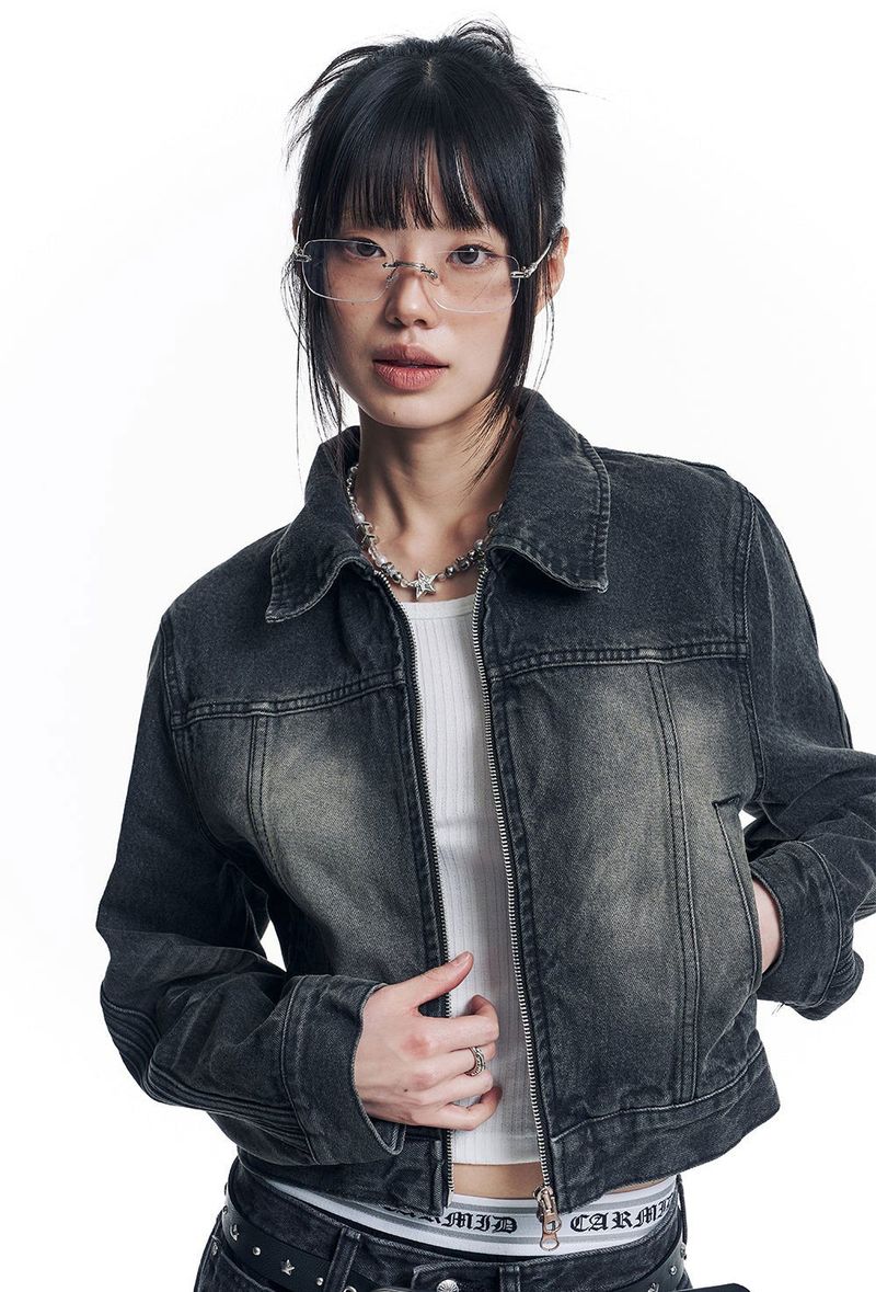 Washed Crop Track Denim Jacket - Black