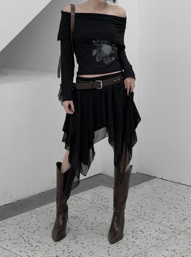 Roach chiffon unbalanced flare skirt