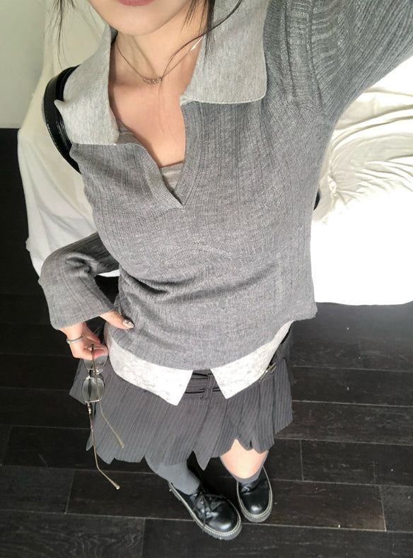 Elti Collar Color Matching Slim Ribbed Knit