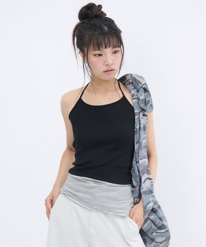 STRIPE LAYERED HALTER TOP - BLACK