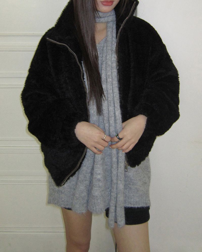 Deuren Quilted Fur Color-Block Zip-Up Jumper