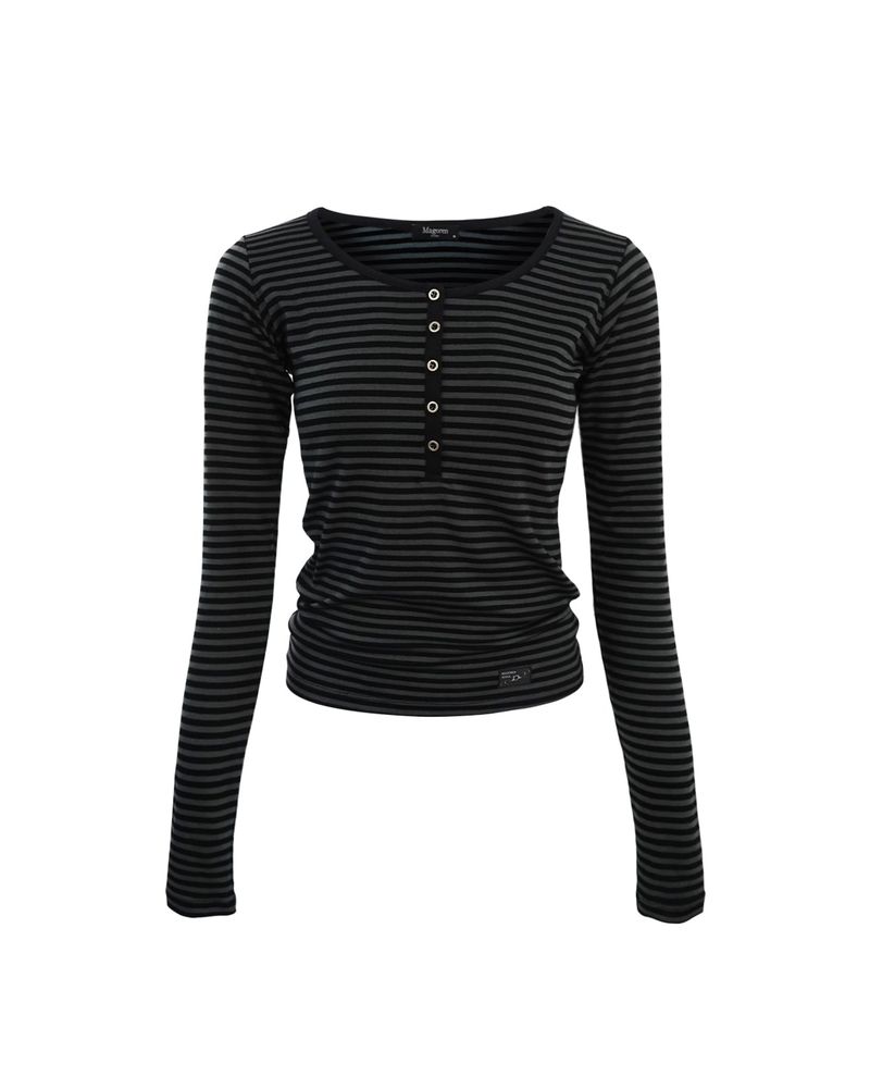 MagoRen SEOUL(マゴレン ソウル)の「Henry Neck Long Sleeve Stripe Black(Tops)」