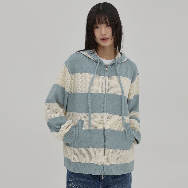 WaiKei(ワイケイ)の「ストライプスカシフードニットジップアップ(トップス)」