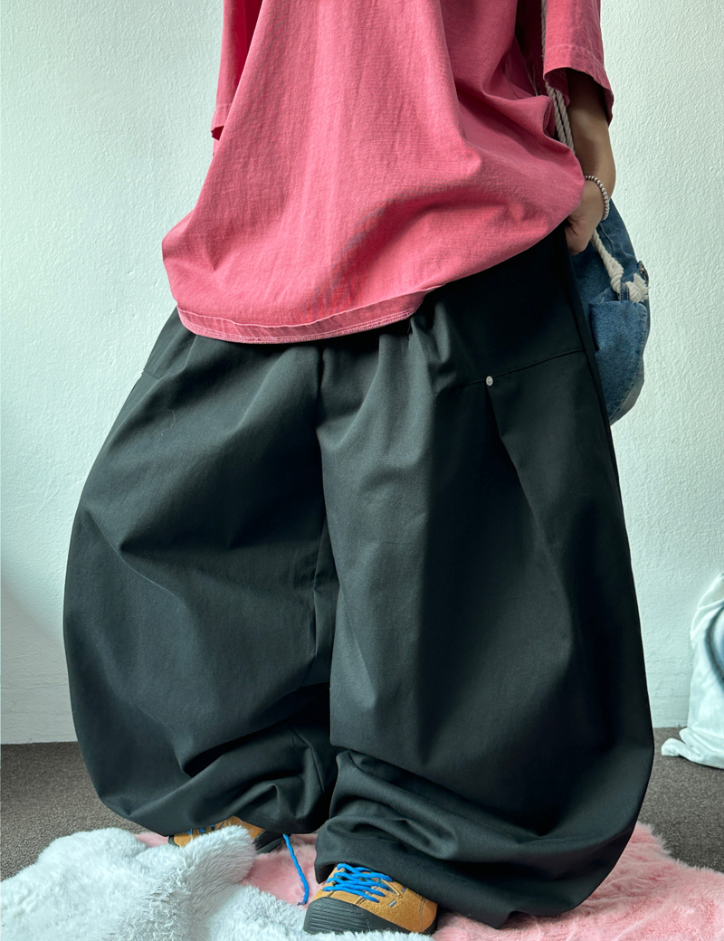 KOREAN/STRING 🩵 STUD RIVET POINT FRONT SLIT OVER HIP BALLOON WIDE LONG PANTS 🩶🖤🩵 - 3 COLORS