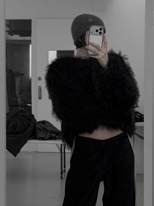 Eyelet Angora Fur Short Beanie