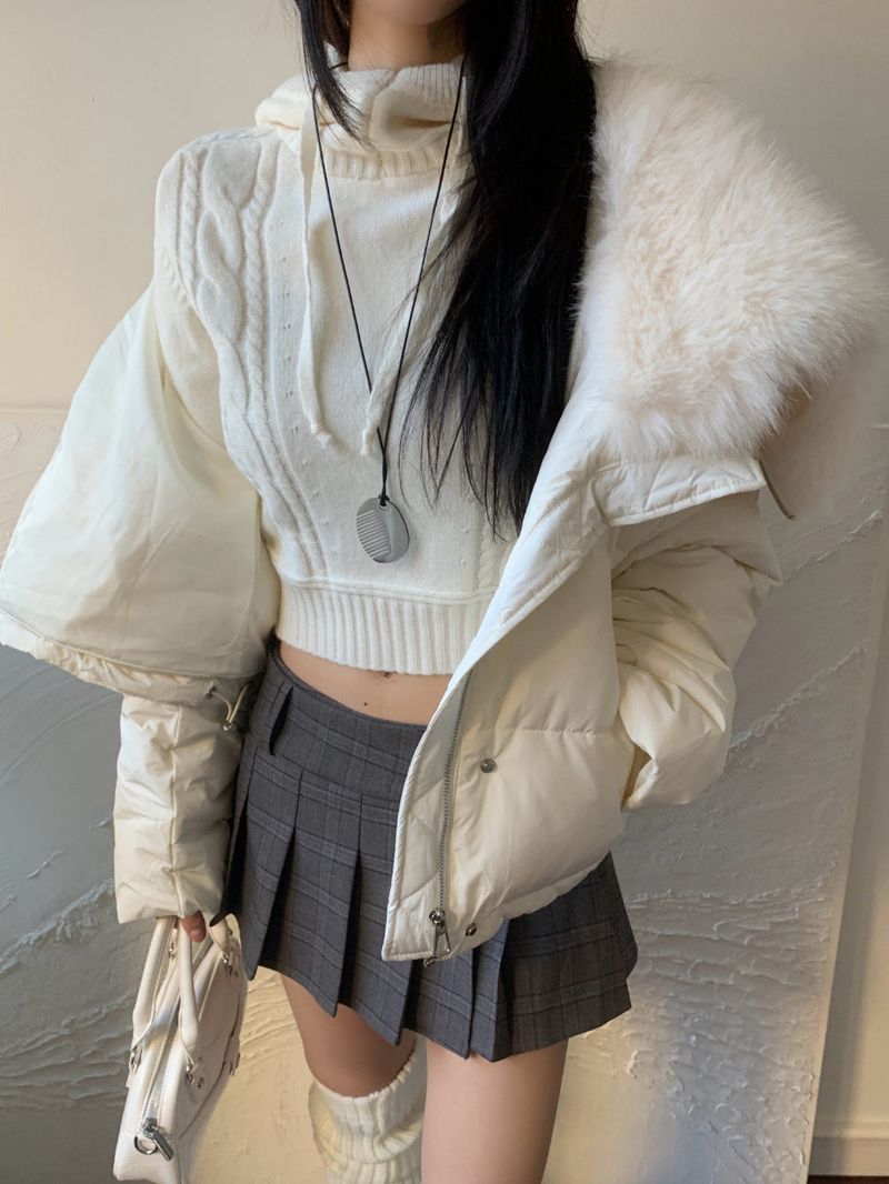Ice Bloom Fur-Collar Duck Down Short Puffer