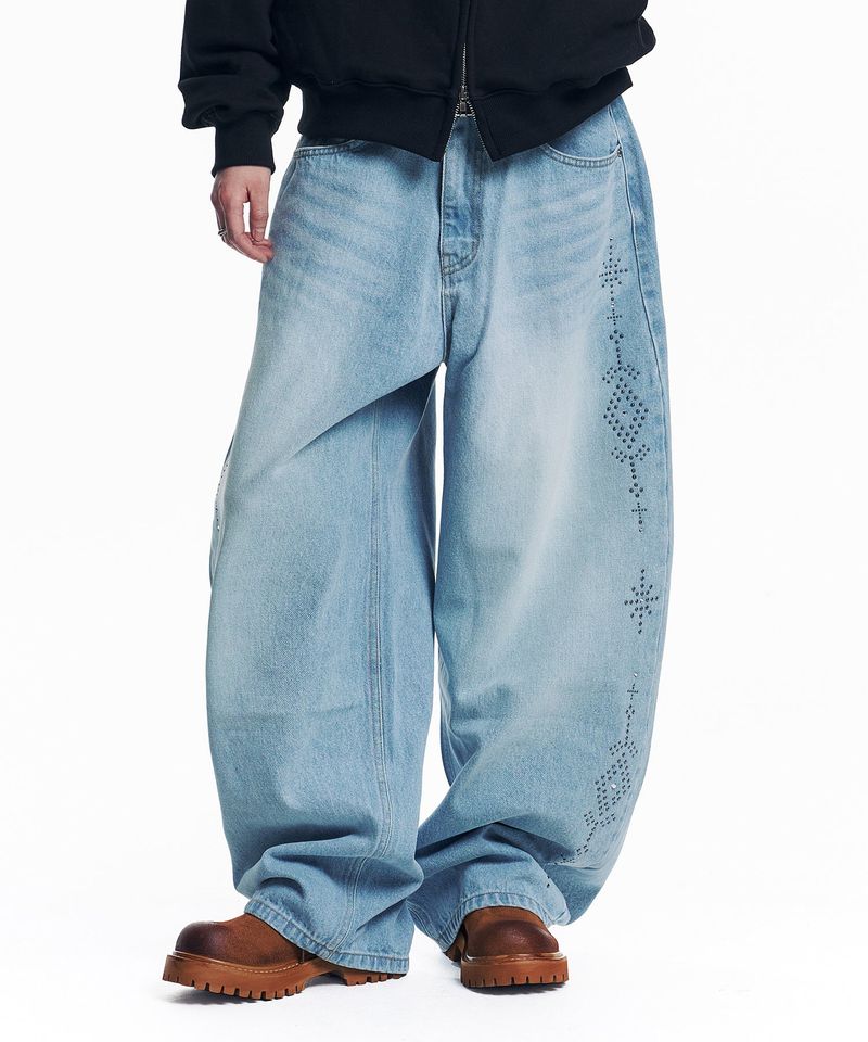 Curved Western Stud Denim Pants - Light Blue