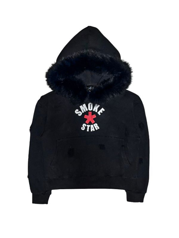 SMOKEASTAR(スモークアスター)の「Destroyed Fur Crimson Hoodie (BLACK)(Tops)」