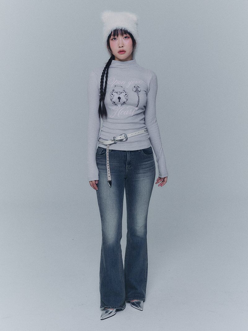 OPEN YOUR HEART TURTLENECK T-SHIRT - GRAY