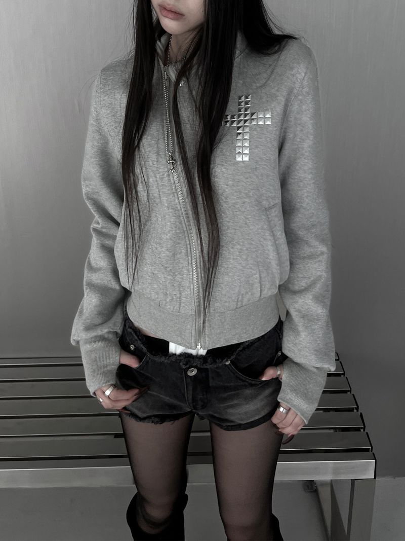 cross stud diagonal warmer zip-up (fleece-lined / 2color)