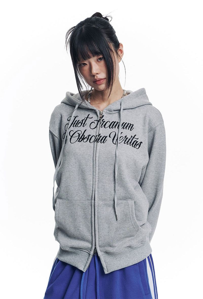 Lettering Embroidered Hoodie Zip-Up - Gray