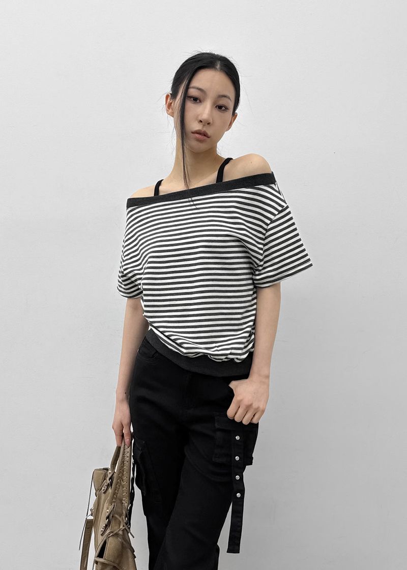 BLACKUP（ブラックアップ）の「[MADE] Welco Stripe Off-Shoulder Short Sleeve Top（Tops）」
