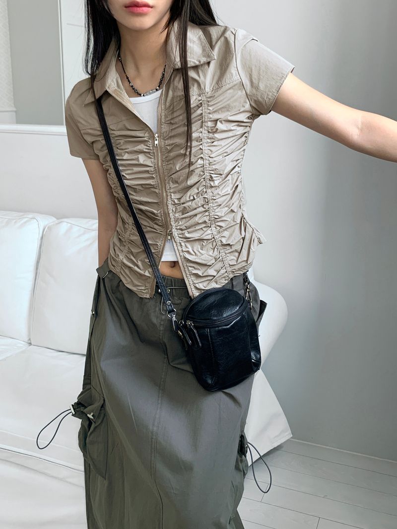 Pave gopchang pleated shirring two-way nylon short-sleeved jacket