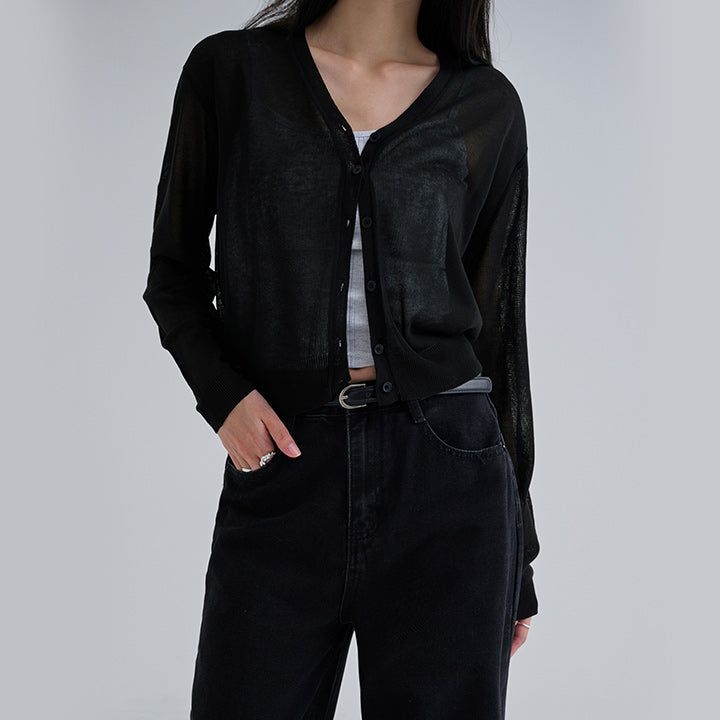 [Polia] Sheer V-neck Long Sleeve Cardigan - 8color