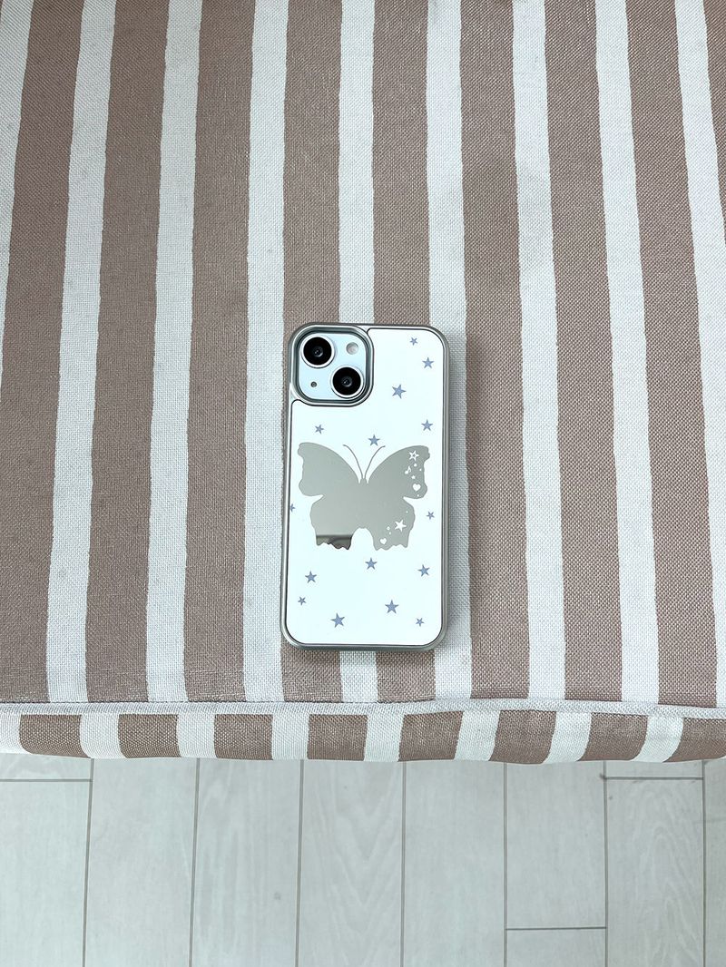 [MADE] Butterfly Mirror Case • White • Mirror Silver Bumper Case