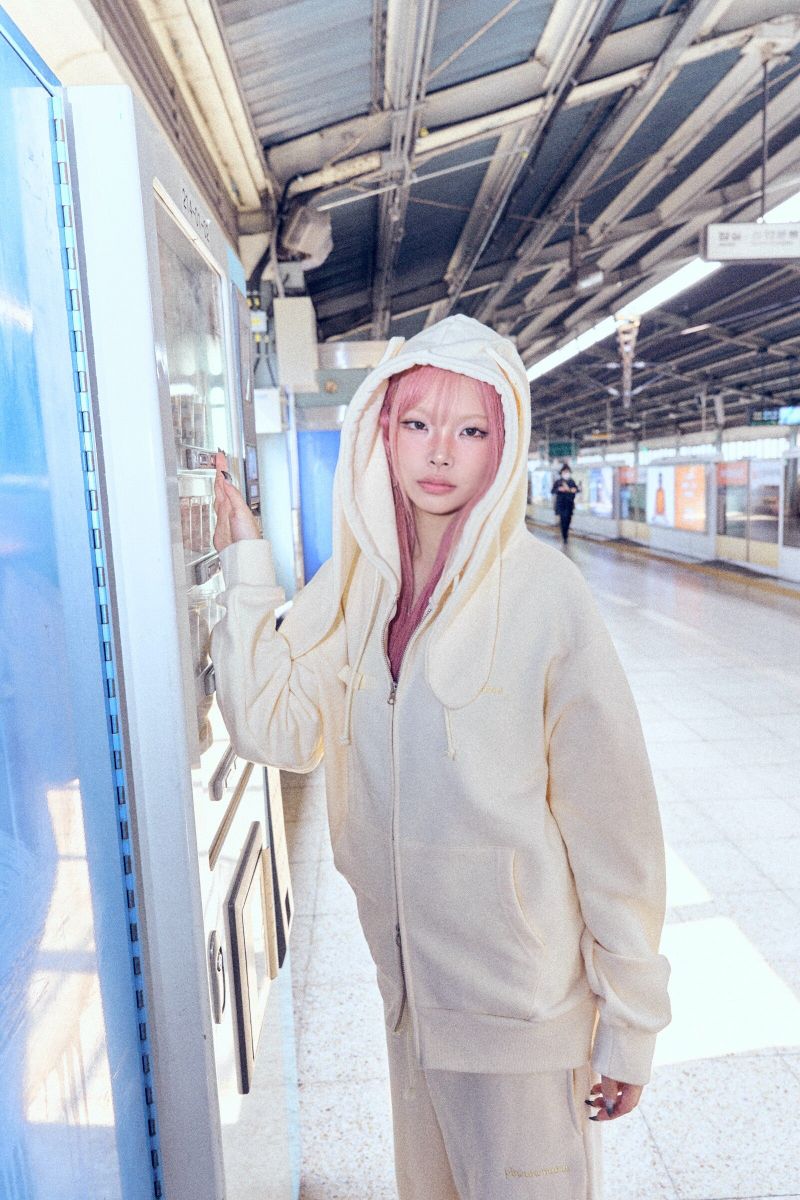 Ribbon bunny hood zip-up (soft yellow)